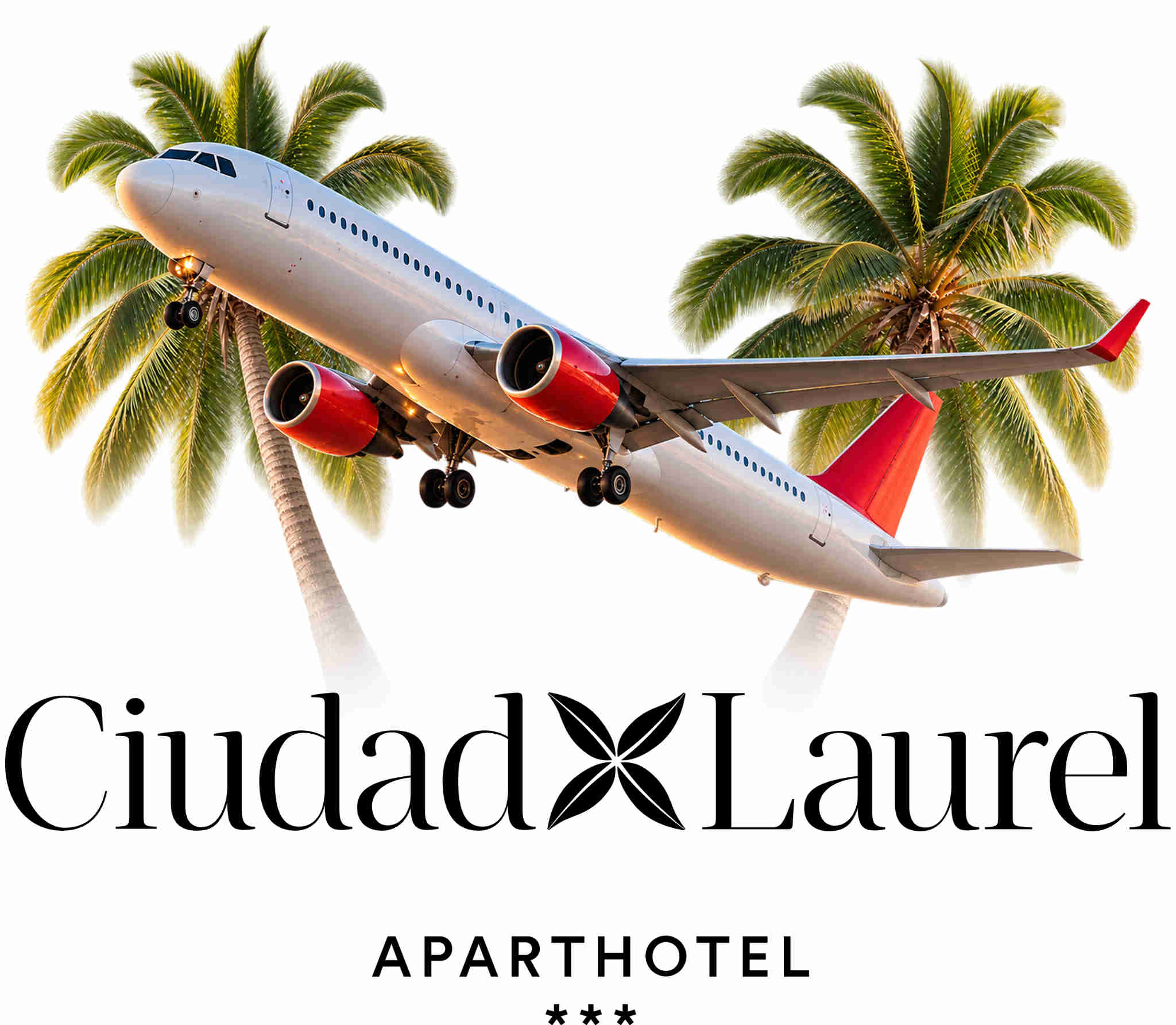 Image principale hôtel + vol Avion et palmiers à côté du logo de Ciudad Laurel
